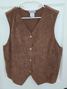 Vintage Suede-Look Brown Button Up Vest, Western, Cowgirl, Large, Casual, Cute